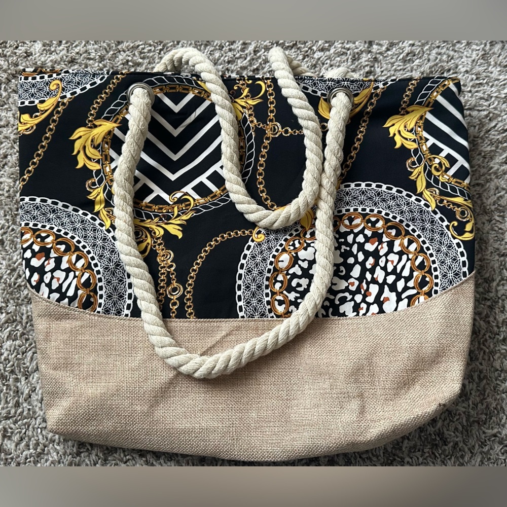 Women’s Canvas Tote Bag with Zipper Closure - Natural Beige Boho